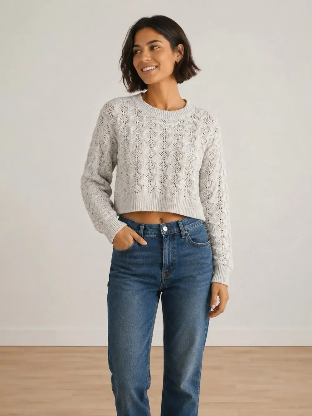The Children’s Place Cream Open Knit Crochet Sweater Cropped Long Sleeve